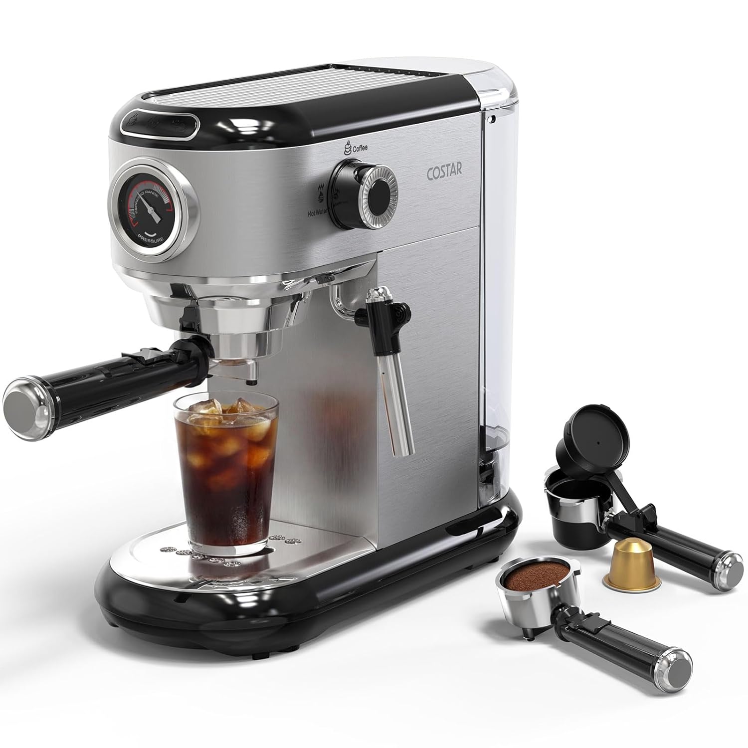 COSTAR Coffee Maker Machine for Home, Professional 20 Bar Espresso Machine for Ground Coffee&Capsules, Compact Stainless Steel Espresso Maker with Milk Frother Wand for Cappuccino, Latte, 1450W