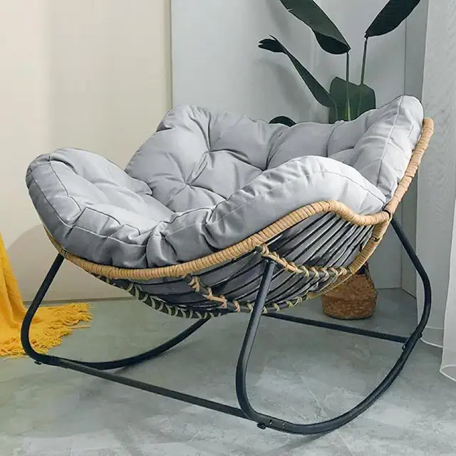 Grey Oversized Rattan Wicker Rocking Chair for Adults - 450lb Capacity