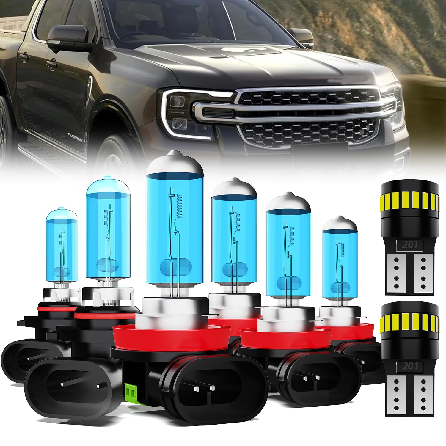 Headlight Bulbs License Plate Lights Fit For Ford Ranger 2023, H11 High Beam + 9005 Low Beam + H11 Fog Lights Halogen Light Bulb + License Plate Lights, Pack of 8