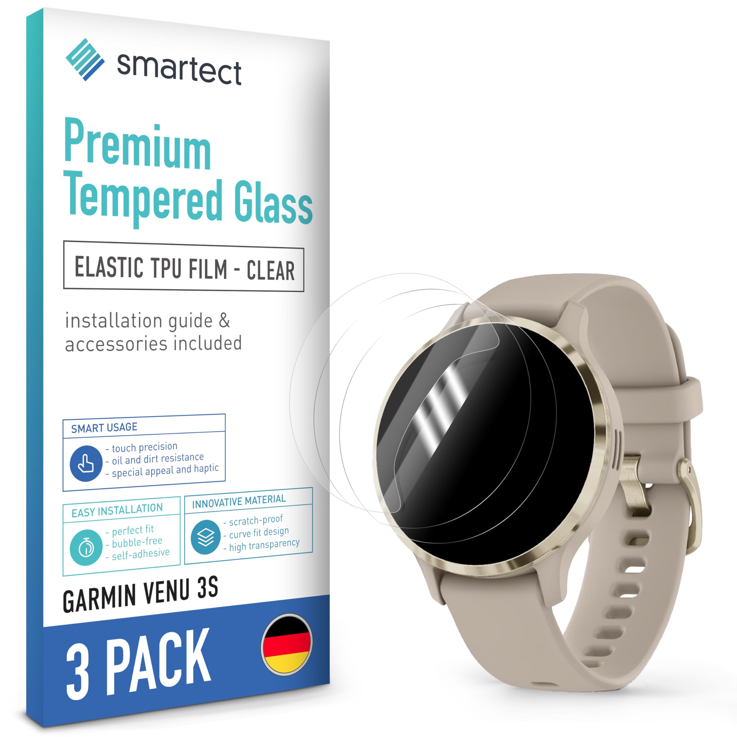 smartect TPU Ochraniacz Ekranu 3 Sztuki dla Garmin Venu 3S | Folia Ochronna Anti-Zarysowania, Ultra-przezroczysta, Bez Pęcherzyków, Anti-Odciski Palców, Przyjazna dla Etui