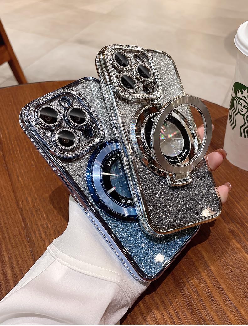 Magnetic Kickstand (Glitter Lens Protector ) Case for iPhone 15 14 13 12 Pro Max (Compatible with Magsafe ) Sparkling Diamond Cover Glitter Shiny Rhinestone Cases (Black,for iPhone 14) - Image 7