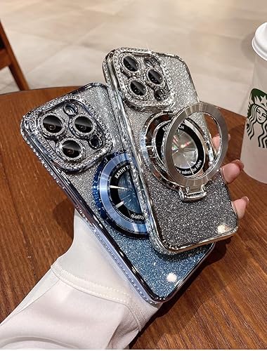 Miniatura 6 de OUROL Funda magnética con función atril (protector de lente con brillantina) para iPhone 15 Pro Max (compatible con Magsafe) (diamante brillante),
