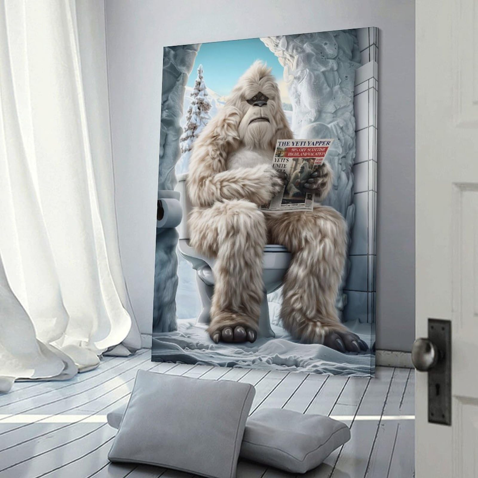 Junmoney Frame-Style-7 Funny Yeti On The Toilet Canvas Wall Picture, 12X18inch(30X45cm), For Study, Office Or Focused Interiors, Home Office Artwork With Decorative Appeal