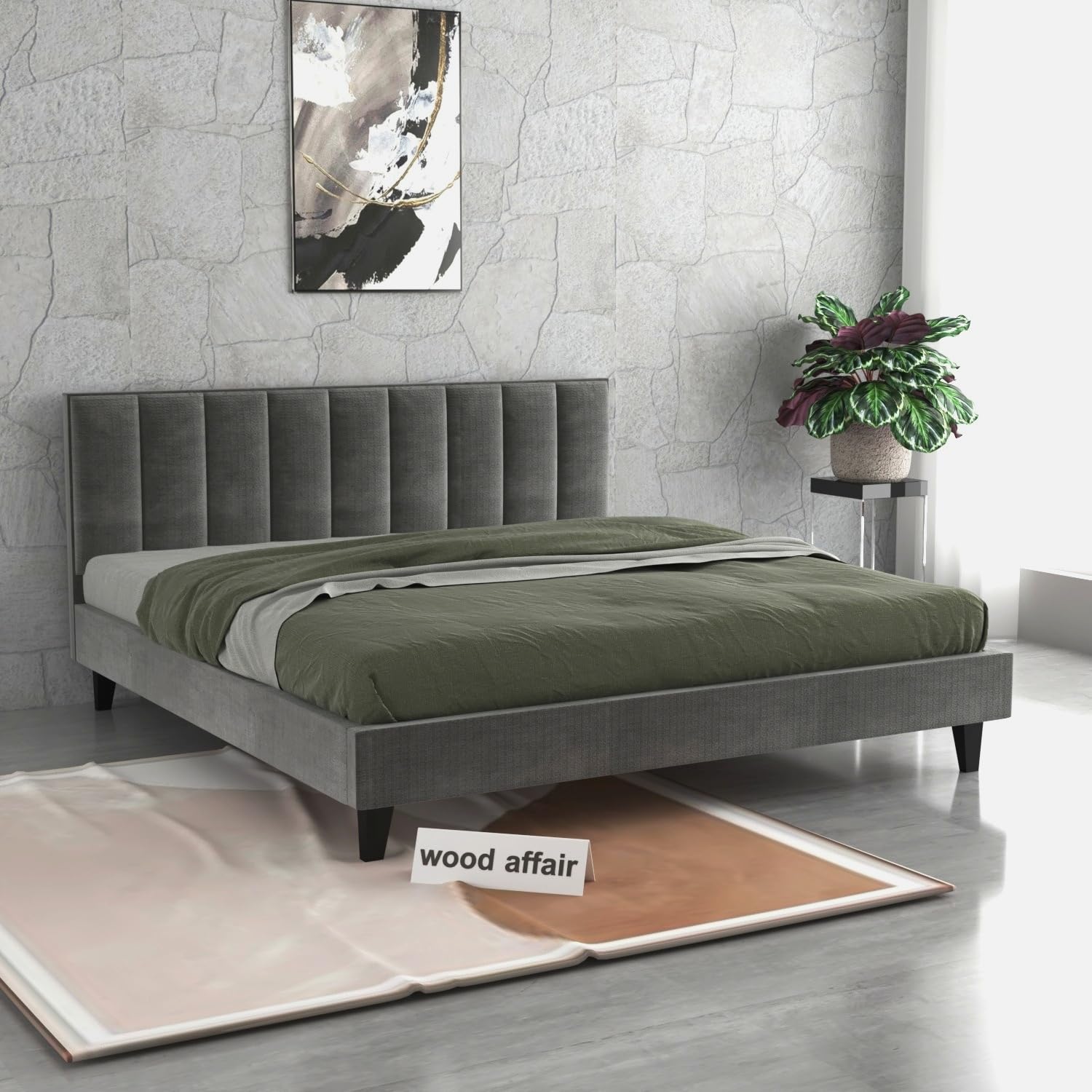 wood affair Modern Upholstered Queen Size Bed for Bedroom | Wooden Double Bed | Platform Cot Bed with Upholstery Premium Fabric | 6.5 x 6 Ft | Sheesham Solid Wood (Grey, Brown)