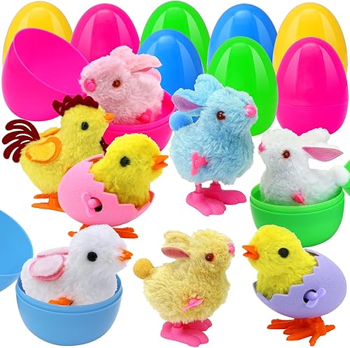 Miniatura 8 de Paquete de 8 huevos de Pascua precargados con coloridos conejitos y pollitos saltadores de cuerda para rellenos de cestas de Pascua, huevos de
