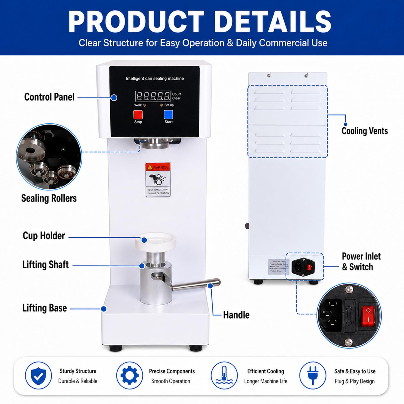 Machine à sceller Les canettes Automatique, Panneau Intelligent et comptage LCD, 55 mm, Hauteur réglable 14-21 cm, pour Pet, jus, thé aux Perles, café Black
