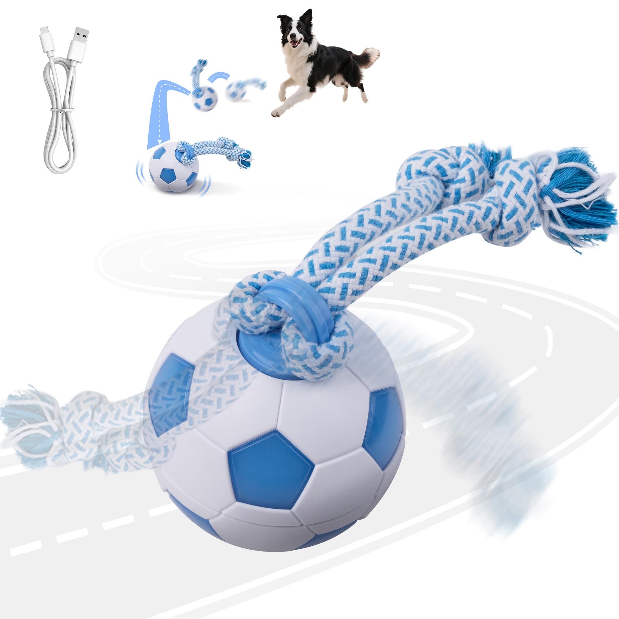 pet prime Interactive Dog Ball, Moving Dog Ball 3.15 in USB Rechargeable, Activated Smart Dog Toys for Boredom with Rope, Interactive Dog Toys with LED Lights - Blue