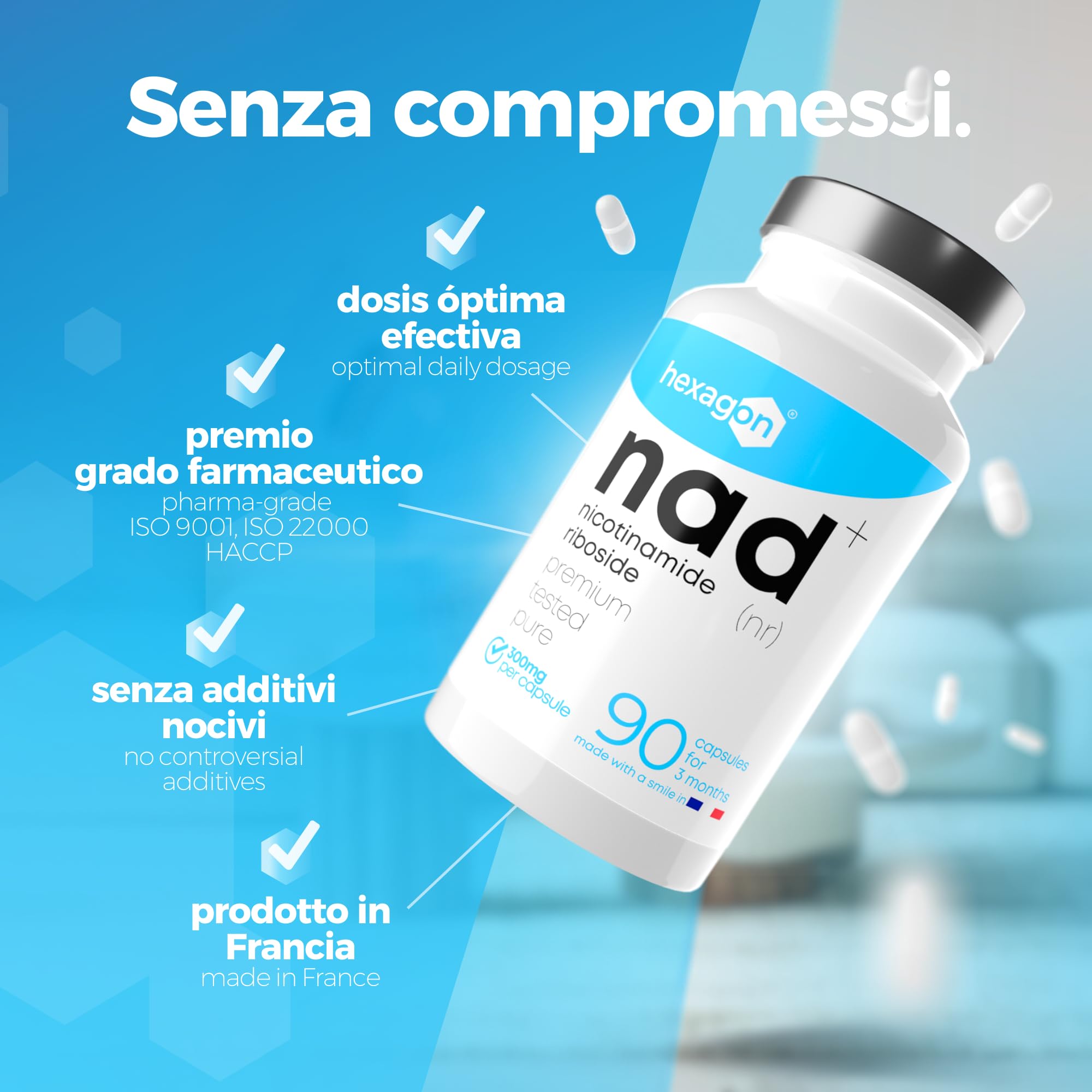 NAD+ Nicotinamide Riboside Chloride 300mg - +3 Mesi di Cura - NAD Booster - Anti-Età e Contro la Fatica, Supporto Nervoso - 90 Capsule Vegetali - Vegan & Premium - Hexagon