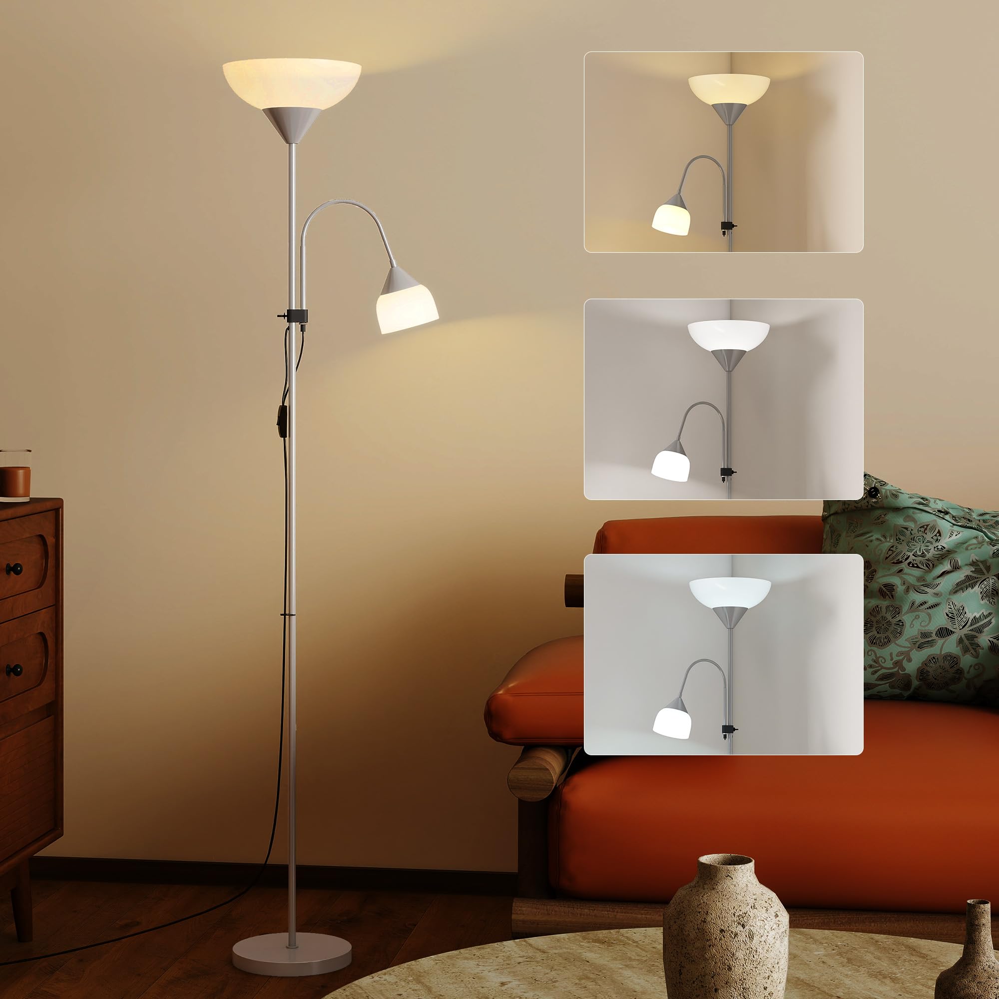 HOMCOM LED Floor Lamp for Living Room, 180cm Tall Standing Lamp, Mother and Child Uplighter with Adjustable Gooseneck, 3000K/4500K/6500K Colour Temperatures, Silver Tone