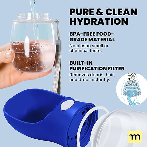 Miniatura 4 de MalsiPree Botella de agua para perros, 19 onzas, azul marino, dispensador de agua para mascotas con una sola mano, a prueba de fugas, cuenco