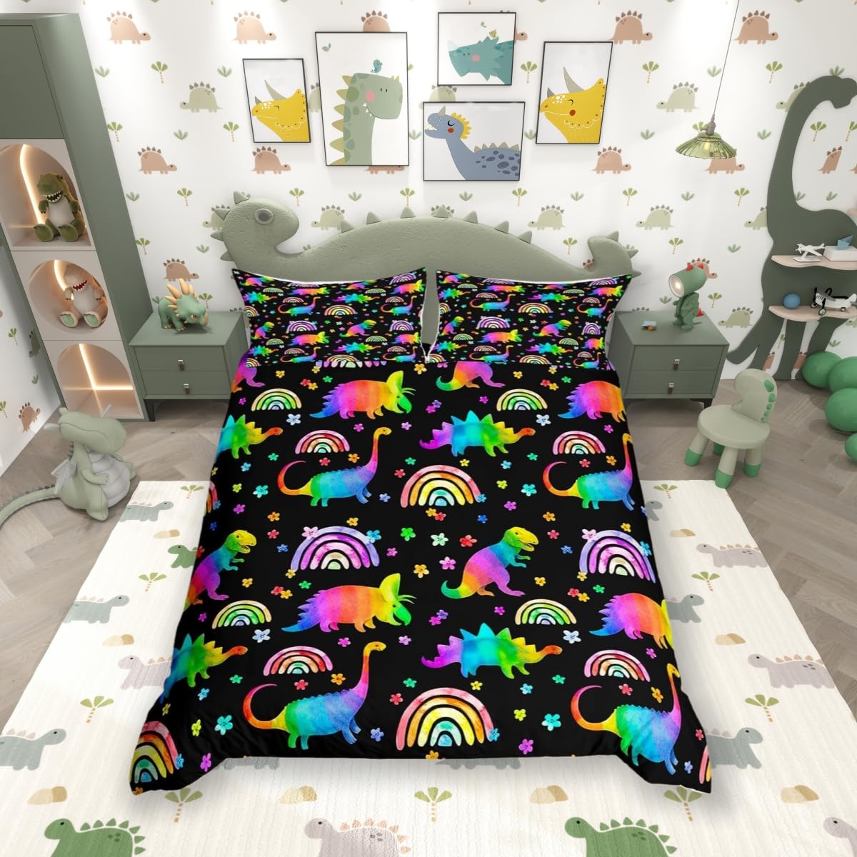 feelingyou Rainbow Dinosaur Comforter Cover King Size,Cartoon Cute Dino Wild Animal Bedding Set for Modern Room,Watercolor Flowers Floral Duvet Cover Set with 2 Pillowcases, Ultra Soft Bed Spread