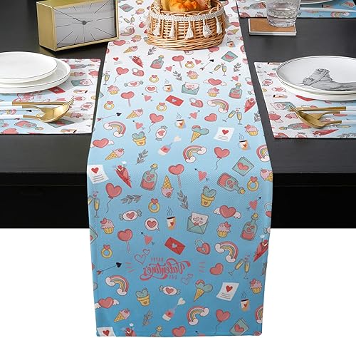 Miniatura 2 de Juego de manteles individuales de San Valentín con camino de mesa a juego de arpillera de algodón y lino 4 manteles individuales  camino de 13 x 90