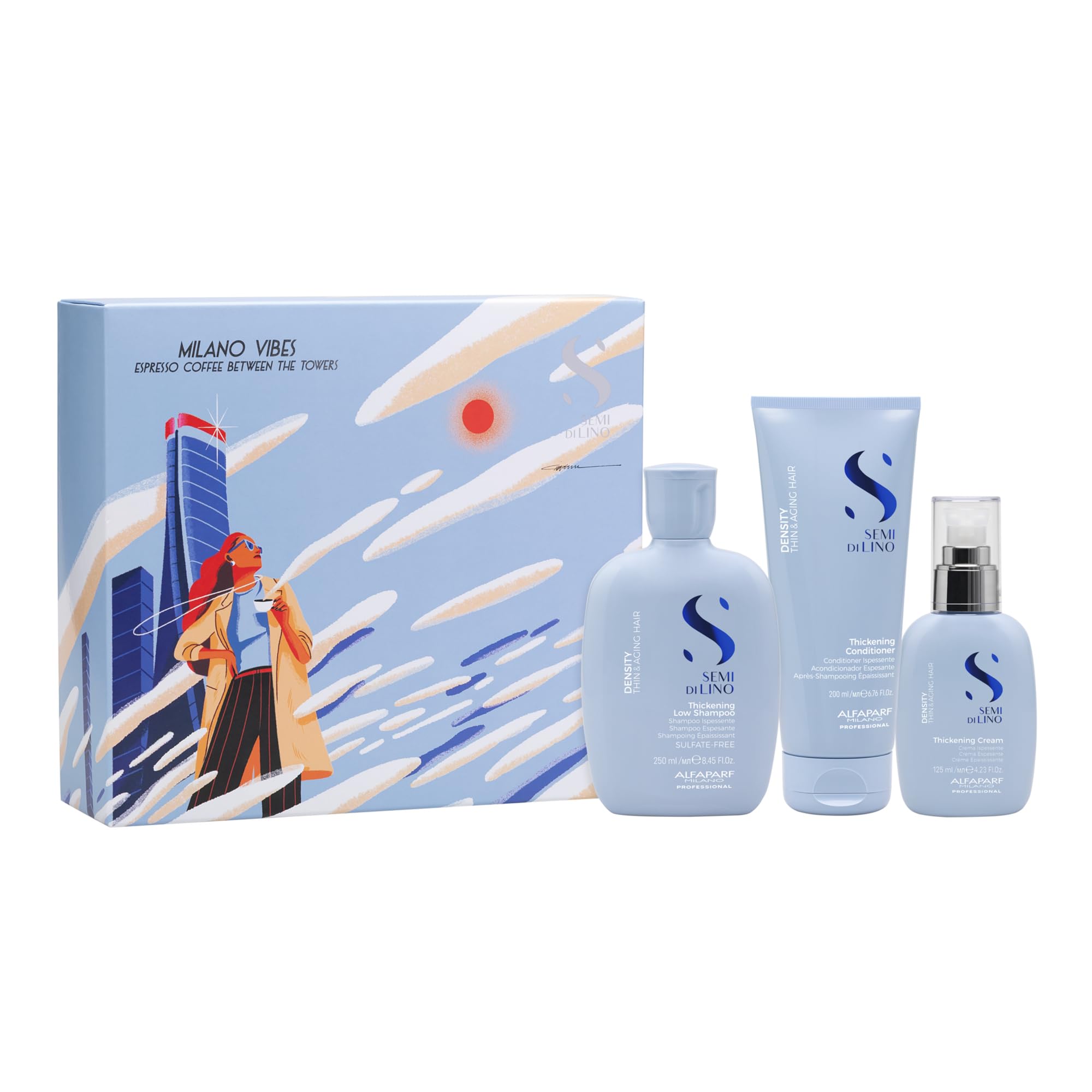 Alfaparf Milano Semi di Lino Density Gift Set for Thin and Aging Hair - Thickening Shampoo, Conditioner and Leave-In Volumizing Cream - Sulfate Free
