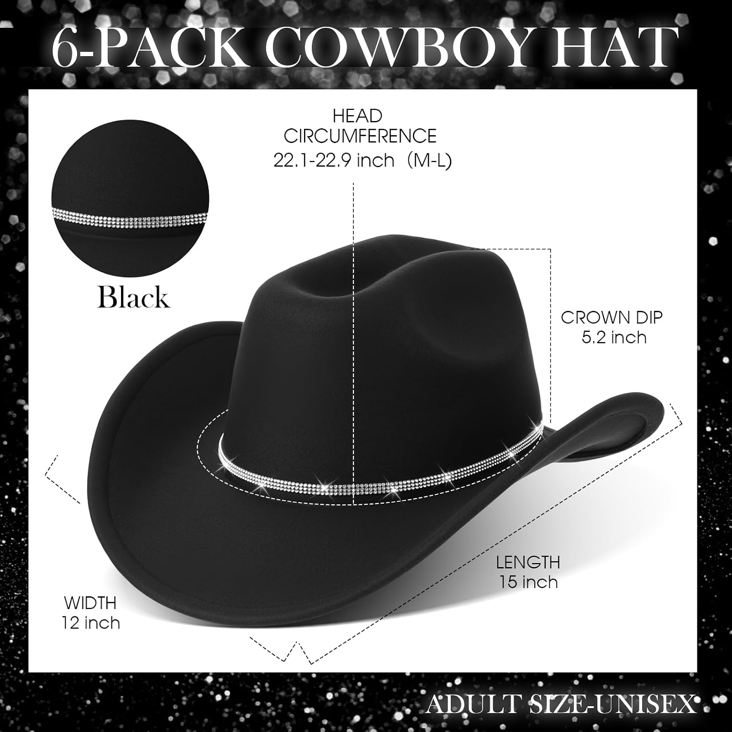 Hercicy 6 Pack Western Cowboy Hats with Rhinestone Tassel Bands Sequin Trim Sparkly Cowgirl Party Hats for Adults Women Men image 2