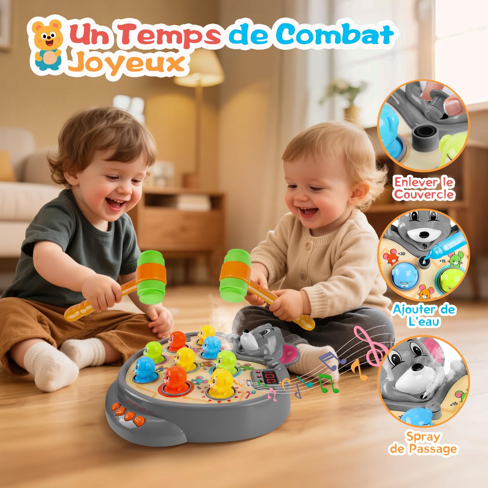 YOOHBERRYS Jeu de Taupe, Jeu de Marteau pour Enfants, Marteler des Jouets, Jouet de Whack avec 5 Modes, 9 Morceaux de Musique, 2 Marteaux, Jeux Montessori pour Les Bébés de 3-6 Ans
