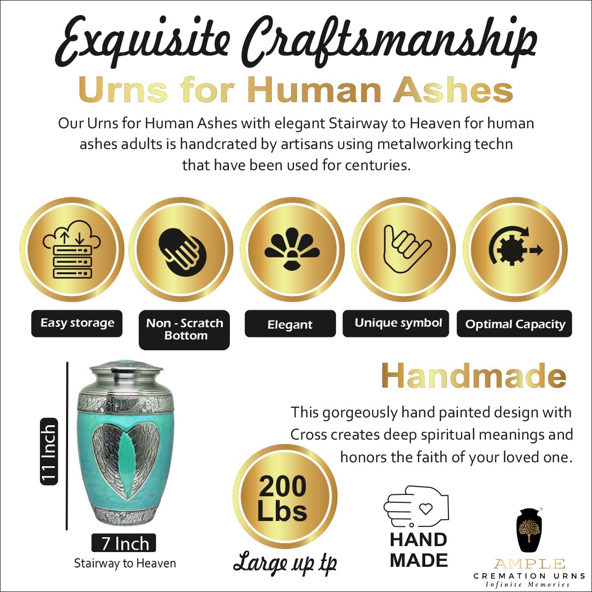 | Handcrafted Memorial Urn with Secure Lid- Funeral Decorative Burial |Accents Holder - Human Ashes |220 LBS Capacity |11x7x7 Inches | Loving Angel | (Green, 7 x 7 x 11 inches)