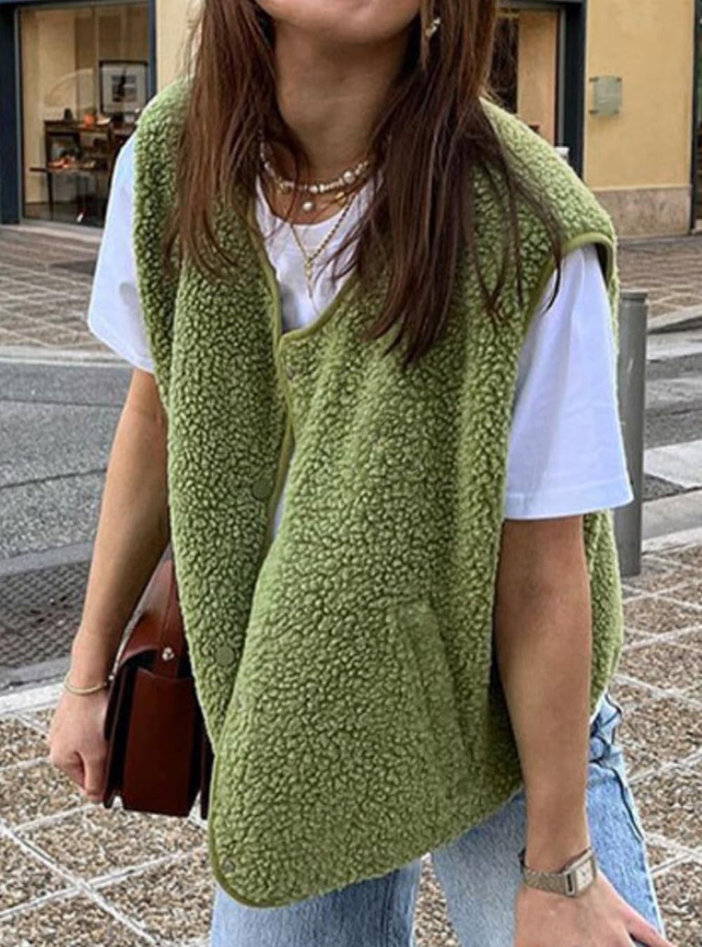 Women's Sherpa Fleece Vest Sleeveless Button Down Fuzzy Faux Shearling Jackets Gilet Outwear with Pockets - Image 4