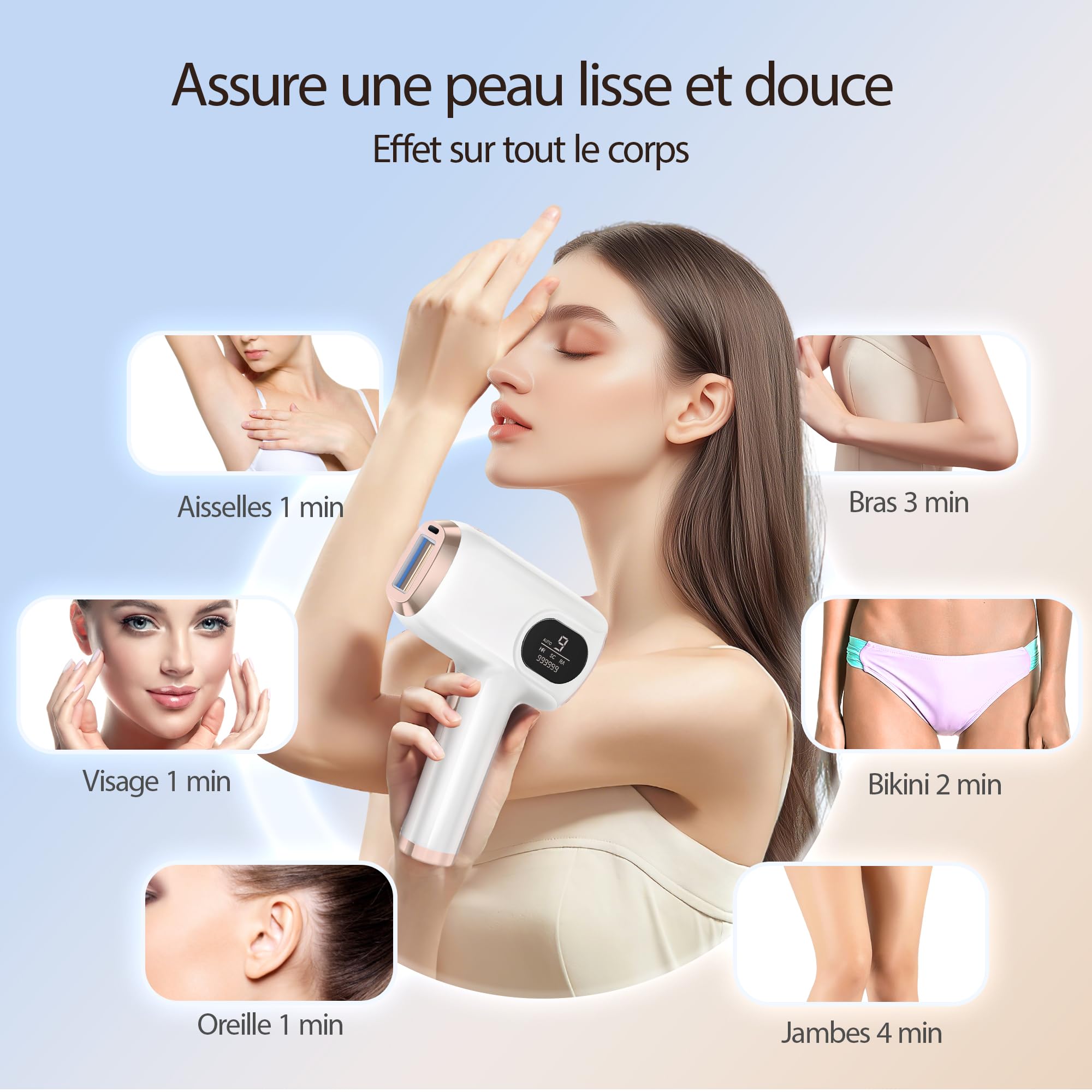 Épilateur Lumière Pulsée, Fonctions HR/SR/HR+, 9 niveaux d'énergie, 999 999 impulsions lumineuses, des femmes, des lèvres, du visage, des aisselles et du corps.