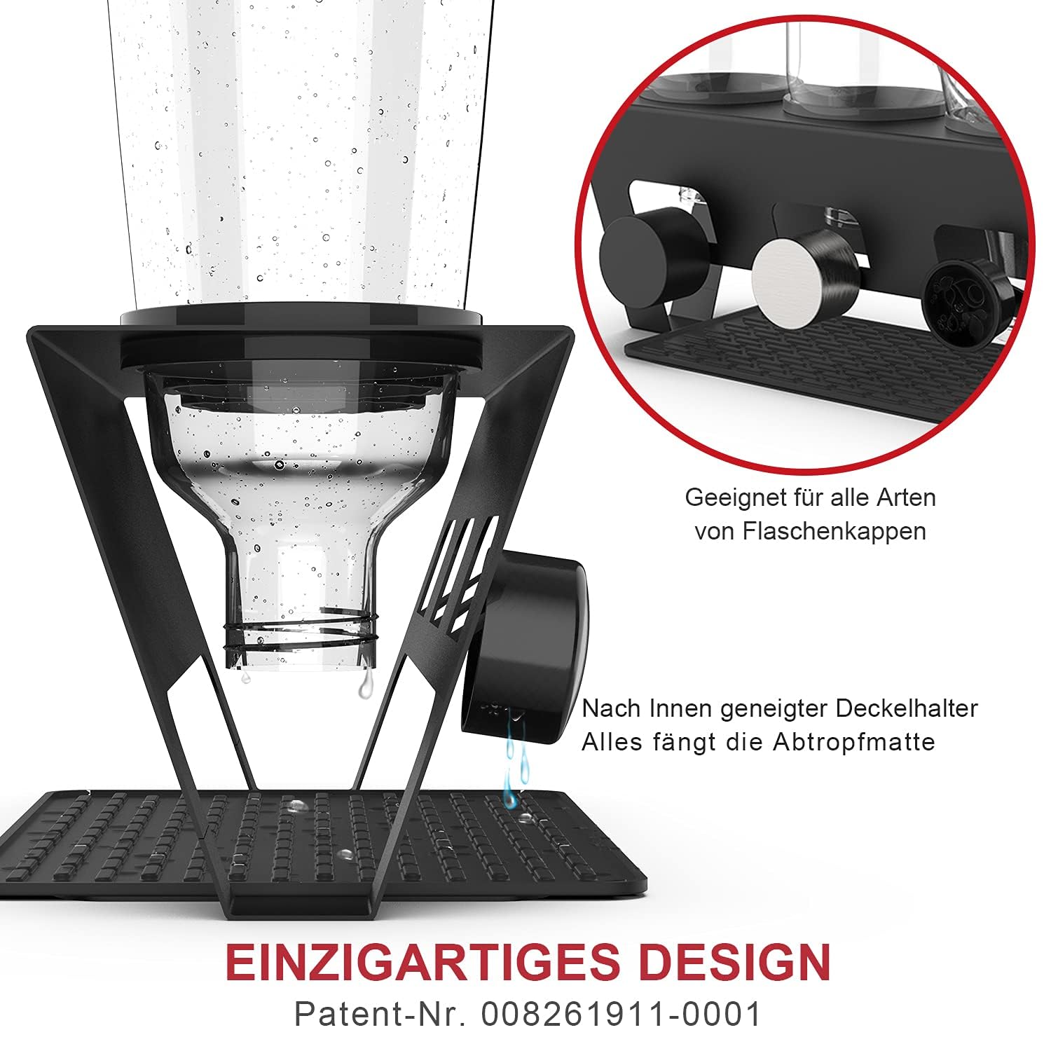 Rainsworth Uchwyt na butelki do Sodastream Duo, czarny ociekacz na butelki, 3-częściowy ociekacz ze stali nierdzewnej, ociekacz do butelek, stojak ociekowy z silikonowymi pierścieniami ochronnymi