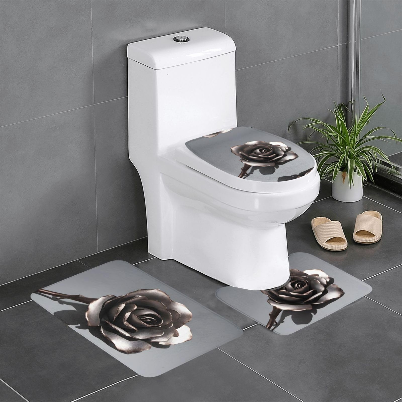 Tapis de salle de bain durable BROLEO à motif rose métallique, lot de 3 épais