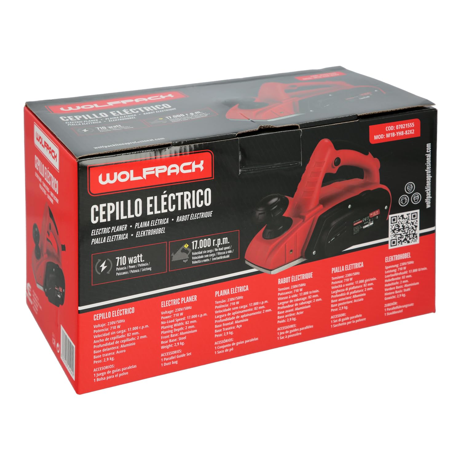 WOLFPACK LINEA PROFESIONAL Cepilladora Electrica 710 Watt. Ancho Corte 82 mm. Profundidad 2 mm. Base Aluminio/Acero Cepillo Electrico Madera Carpintero