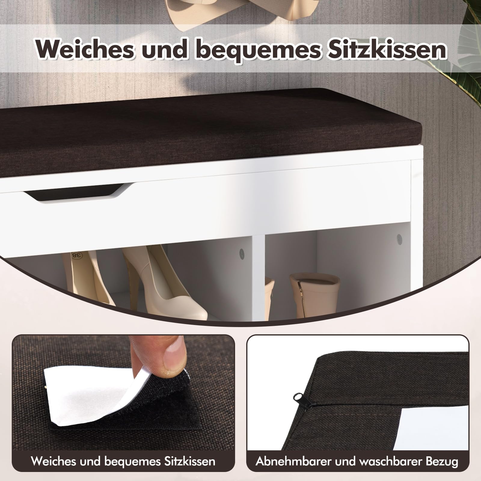 RELAX4LIFE Schuhbank, Schuhablage mit 3 Ablage & Stauraum, Schuhtruhe mit Sitzfläche, Schuhregal für niedrige & hohe Schuhe, Sitzbank für Wohnzimmer & Flur & Schlafzimmer, 104 x 30 x 48 cm (Weiß)
