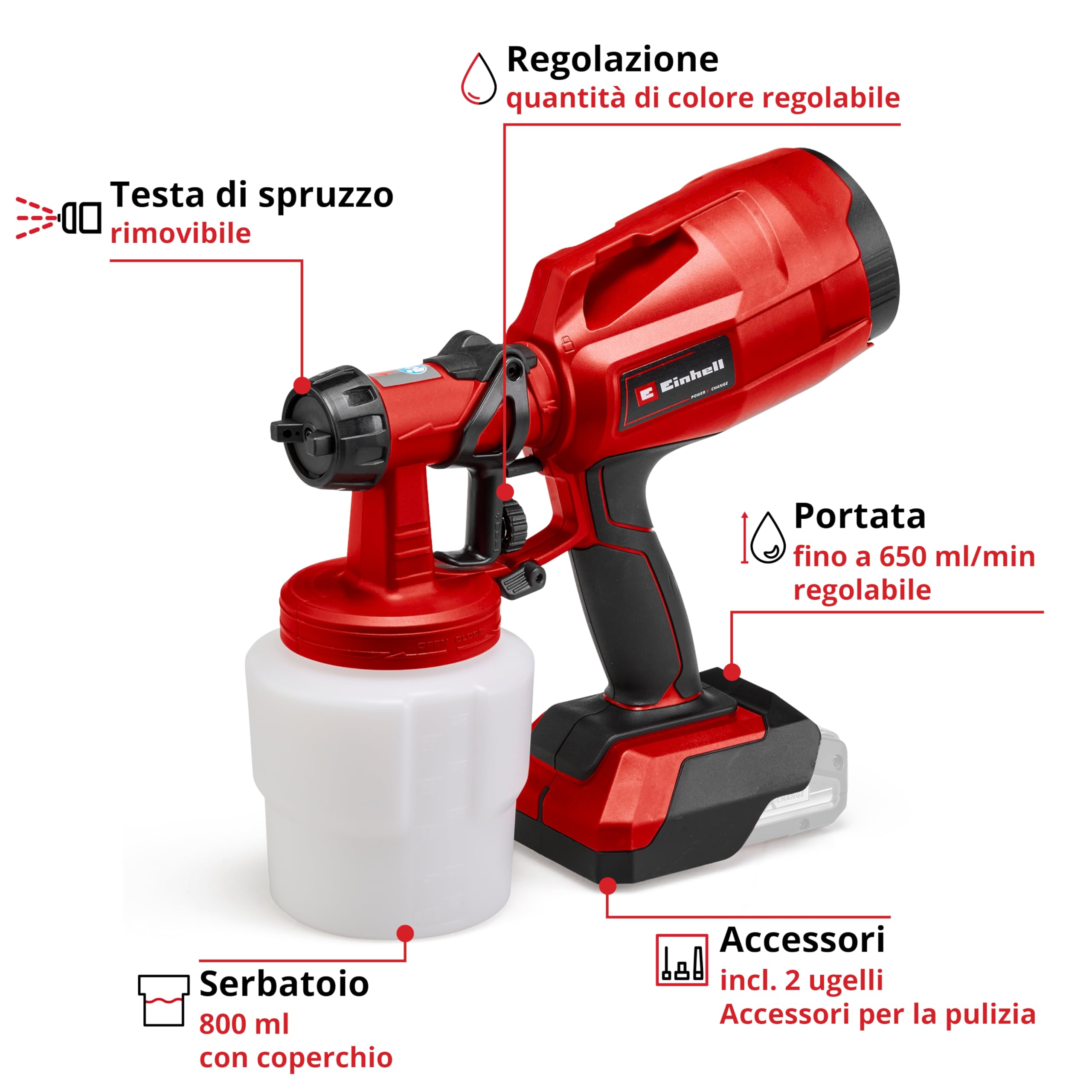 Sistema verniciatura a spruzzo TC-SY 18/60 Li-Solo Power X-Change (ioni di litio, 18 V, portata 650 ml/min, cont. vern. 800 ml, incl. ugello 2,0 mm e 2,5 mm, batteria e caricabatteria non inclusi)
