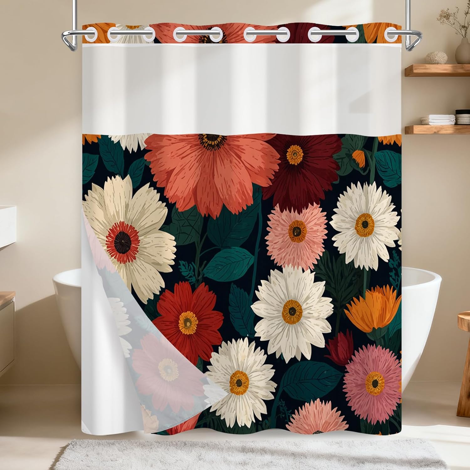 Double Layer Waterproof Hook-Free Shower Curtain Set, Quick Dry Fabric Shower Curtains for Bathroom, Bohemian Geometric Decorative Shower Curtain with Sheer Top Window and Weighted Hem, 71x74 Inches