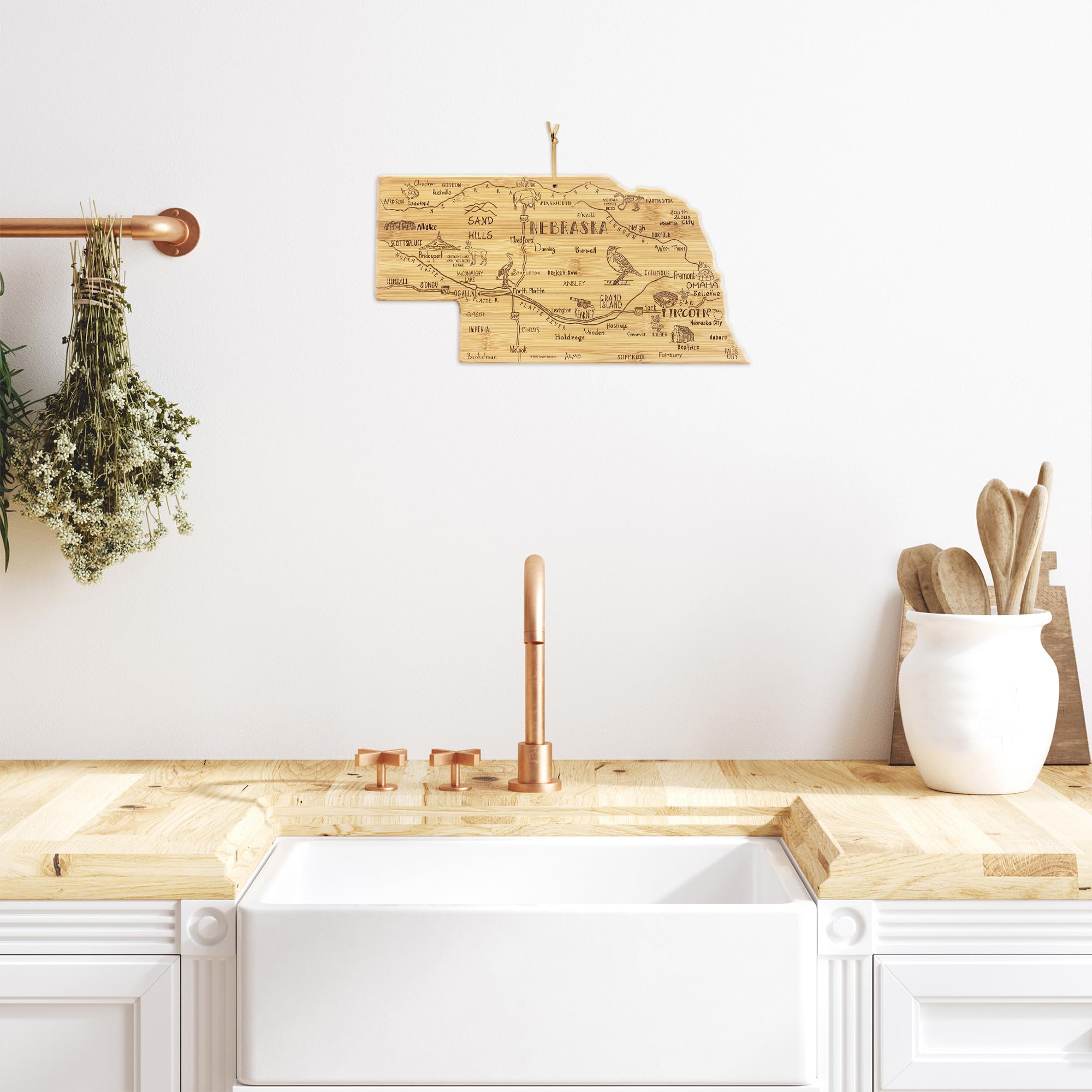 Totally Bamboo Destination Nebraska State Shaped Serving and Cutting Board, Includes Hang Tie for Wall Display