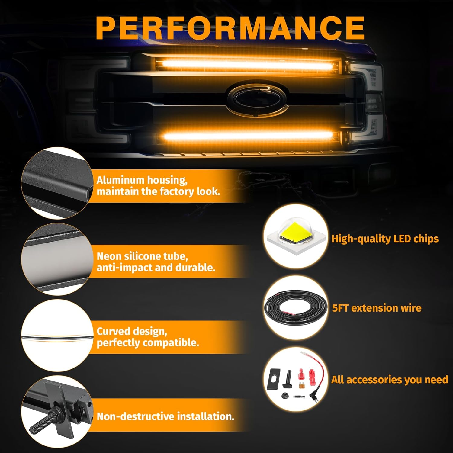 Muto-Beam Ford LED Grille Lights Amber, 2PCS 37Inch DRL LED Grille Kit Curved Light Bar Front Grille Accent Light Bar for 2017-2022 Ford Super Duty F250 F350 F150 Platinum