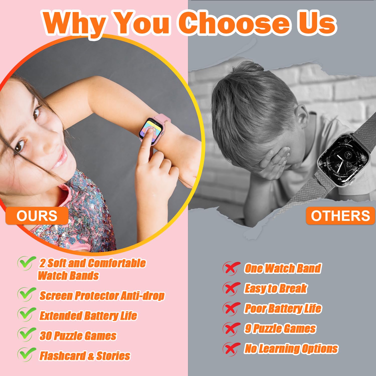 Orologio Smartwatch Bambini con 30 Giochi, Touch Screen Smartwatch per Bambini con Fotocamera, Musica, Torcia Elettrica, Sveglia, Calorie, Contapassi, Regalo di Compleanno per Ragazzi e Ragazze Rosa