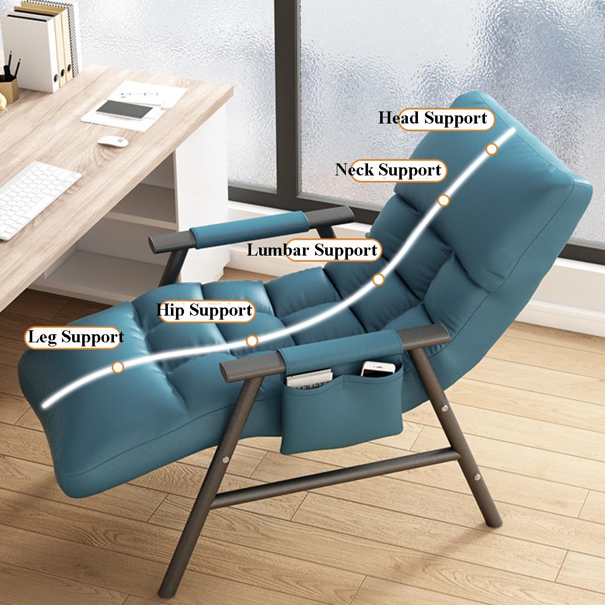 Nowoczesne rozkładane krzesło do czytania z miękką poduszką regulowana kieszeń podłokietnika do przechowywania przytulna sofa do salonu ciemnoszare nogi - idealne do relaksu w sypialni