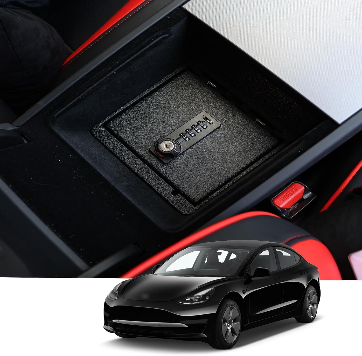 Center Console Gun Safe - Console Gun Vault Compatible with Tesla Model 3 2024-2026, High Security Armrest Lock Box with Fingerprint Lock with Key