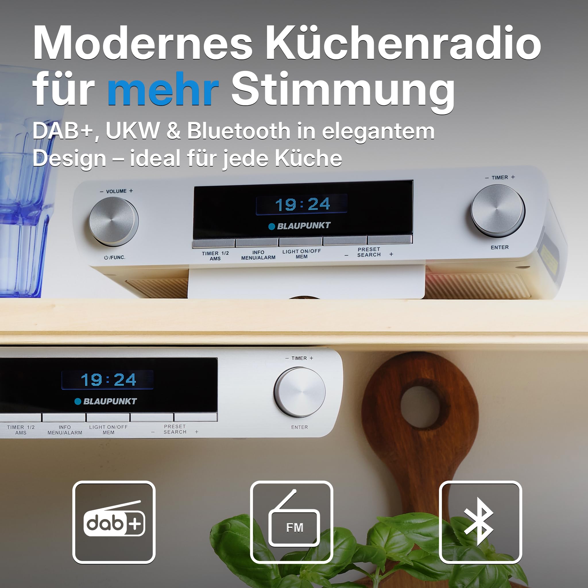Blaupunkt KRD 30, Bluetooth Küchenradio mit DAB+, UKW PLL, Multidisplay, Senderspeicher, Unterbau Digitalradio mit Uhr, LED Licht, 2 Back Timer, Werkstatt Unterschrank Radio, Silber