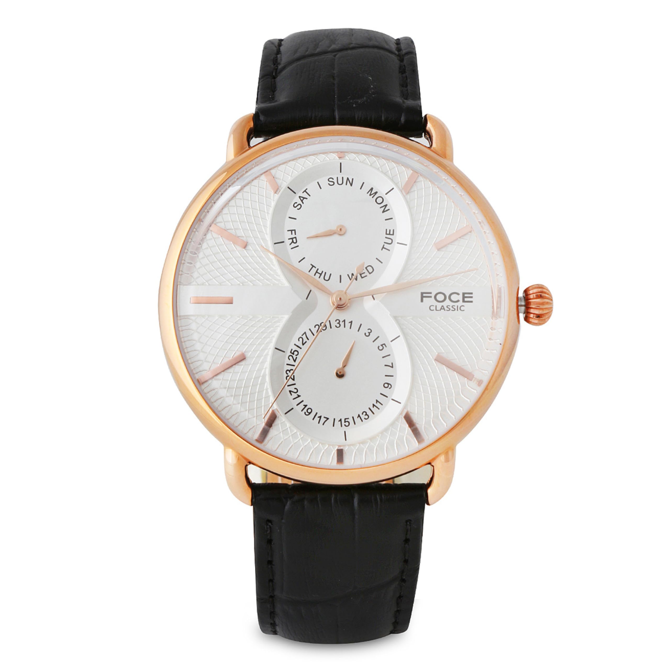 Foce Premium Golden Case Mens Analog Watch, White Dial, Black Leather Strap, Day, & Date Subdials, Curved Dome Glass, Model Fc11Rgl-Silver (B078PXHVNW) Amazon Price History, Amazon Price Tracker