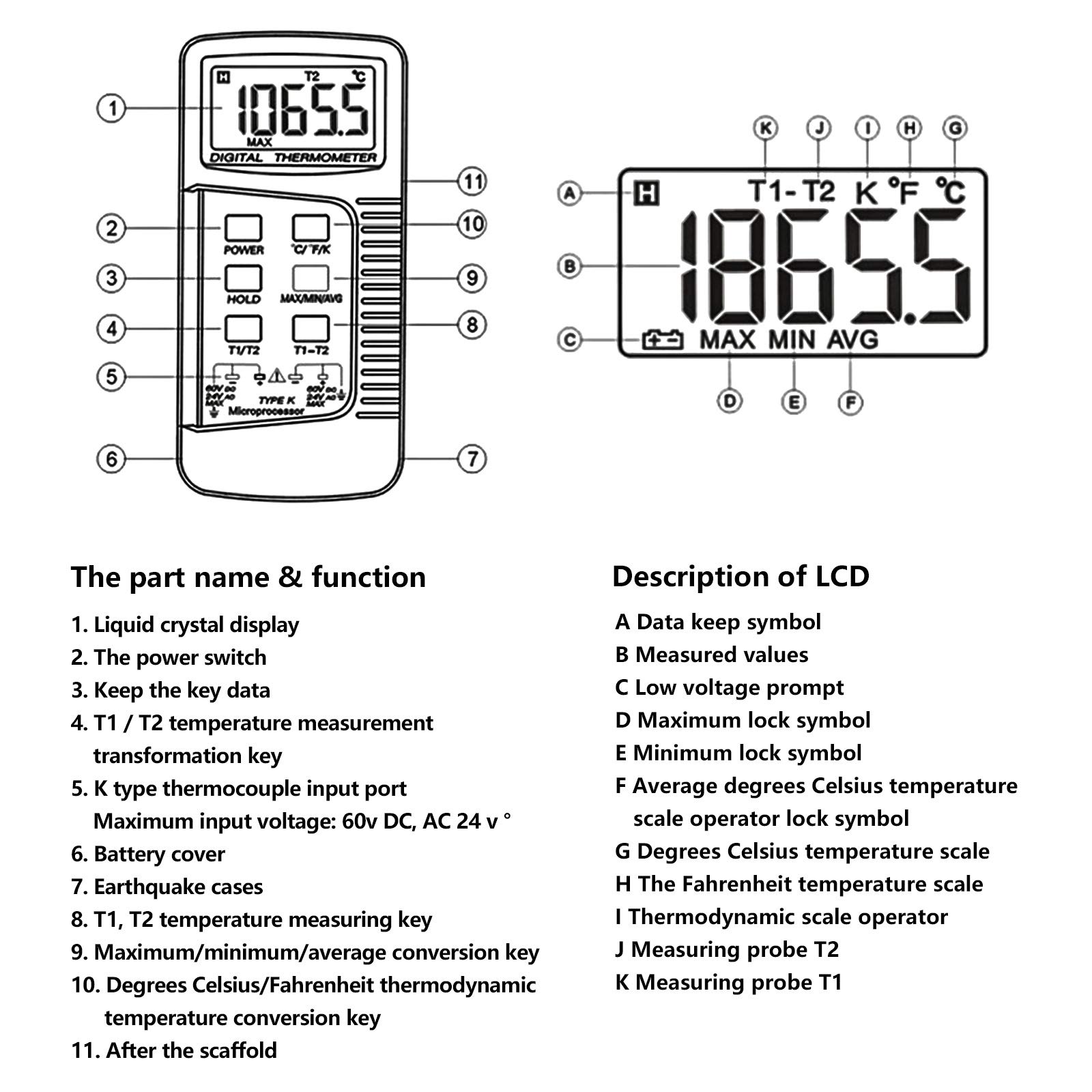 2 Dual Digitales Thermometer, DT-6802 II Kanal K-Typ Thermoelementen Sensor Sonde Temperaturmessgerät Temperaturmesser für Thermoelement Typen K/J/T/E/R/S/N