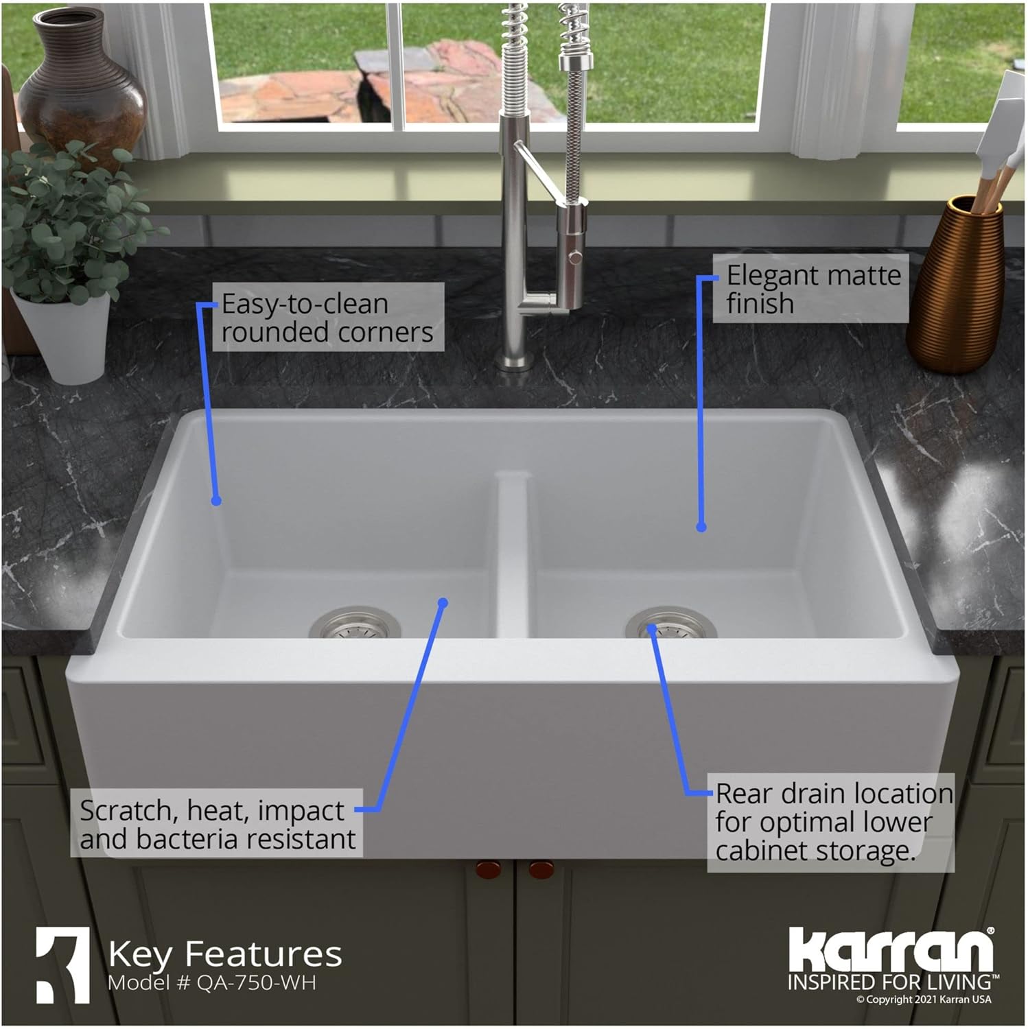 Karran QA-750 34" Undermount Double Equal Bowl Quartz Farmhouse Kitchen Sink Kit in Black
