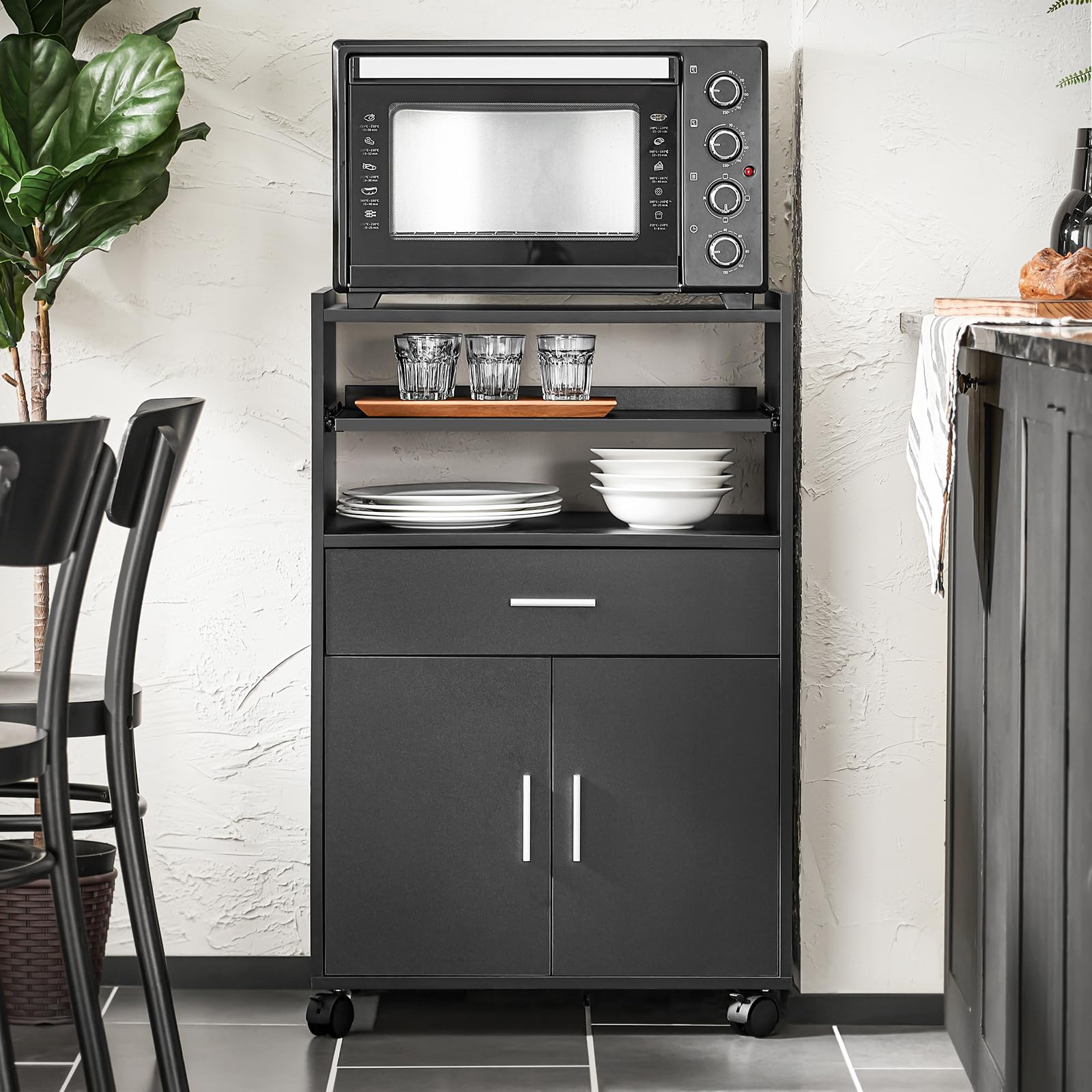 SoBuy Küchenwagen mit Rollen und Arbeitsplatte – Mikrowellenschrank mit Rollen, Kaffeewagen mit ausziehbarer Ablage, für Singleküche, Büro, Esszimmer und Outdoor Schwarz BHT ca. 59x92x40cm FSB09-SCH