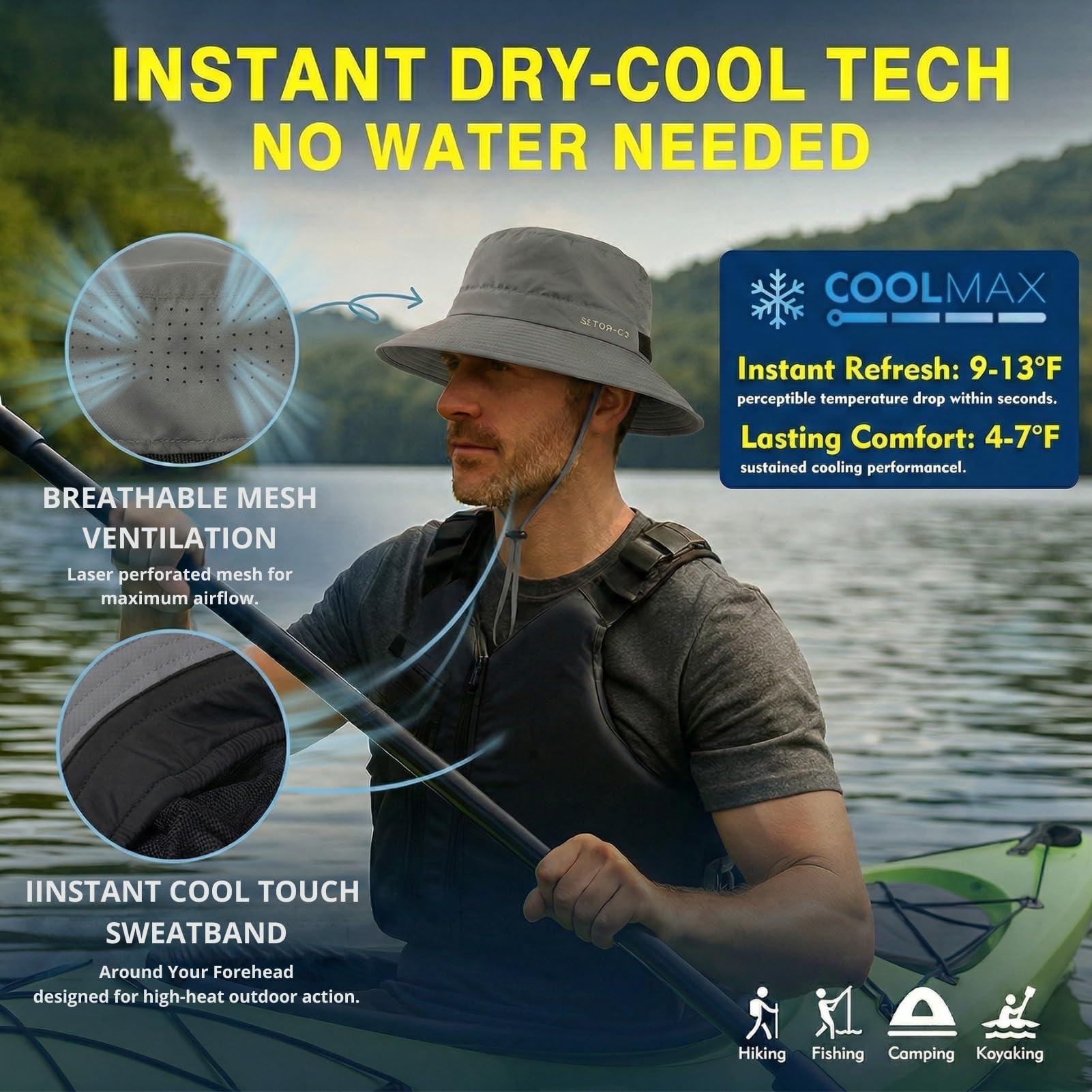 TOP-EX Sombrero de pescador refrescante para hombre, transpirable, protección UV, sombrero de sol para mujer, sombrero de verano al aire libre con ala ancha, sombrero de safari plegable