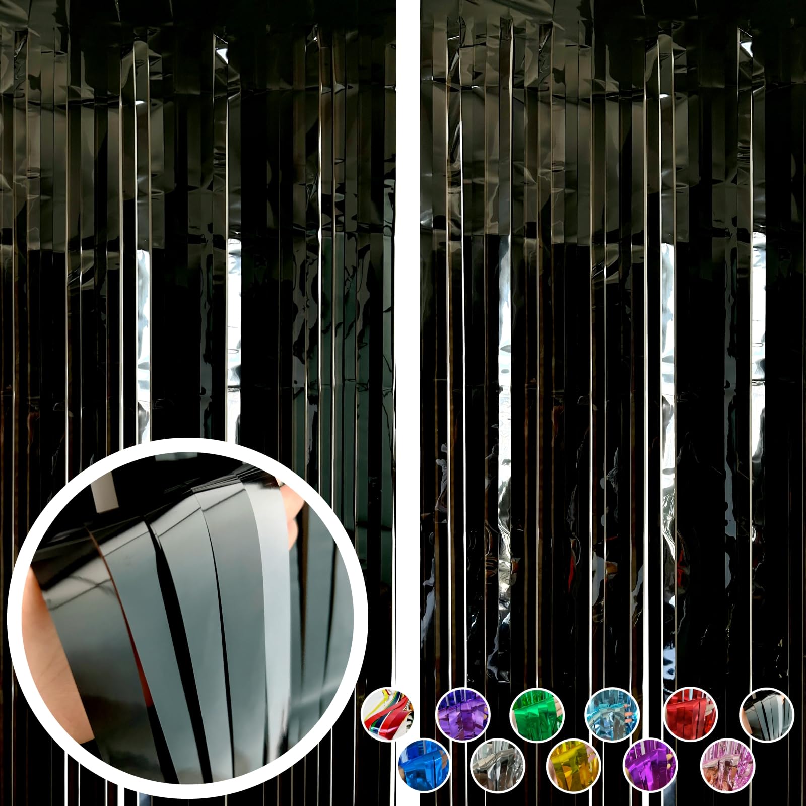 Set of 2 Widen Black Foil Fringe Curtain Photo Booth Backdrop Metallic Tinsel Streamer Party Decorations for Birthday Graduation Halloween Engagement Christmas New Year Thanks Giving Decor-3.3*6.6ft