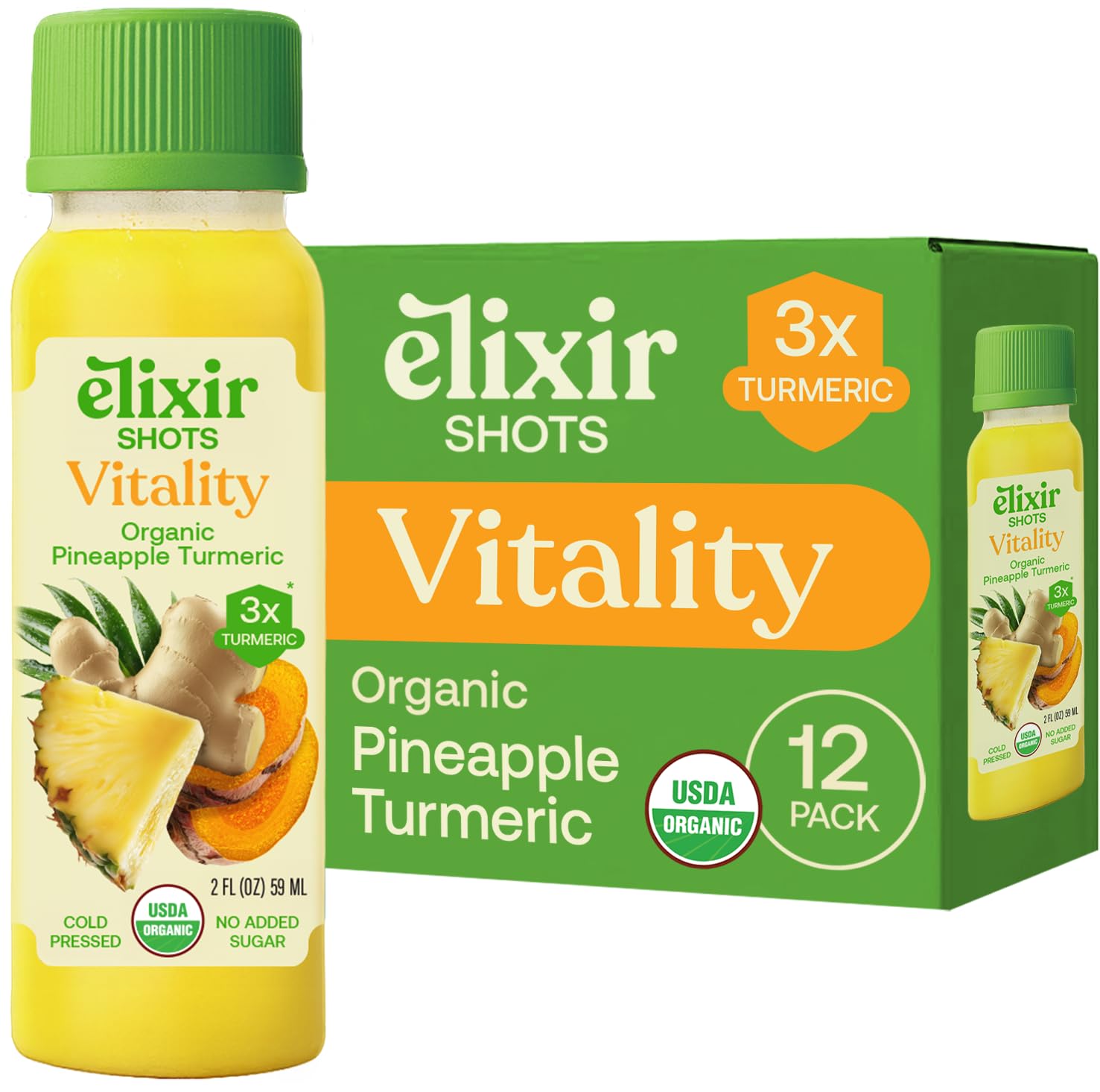 Elixir Shots, Vitality Cold-Pressed Shot for Healthy Digestion and Overall Daily Balance with 100% Organic Ingredients, Red Hawaiian Turmeric, Peruvian Ginger, Pineapple, and Lemon, No Sugar or Artificial Additives, 12 Pack