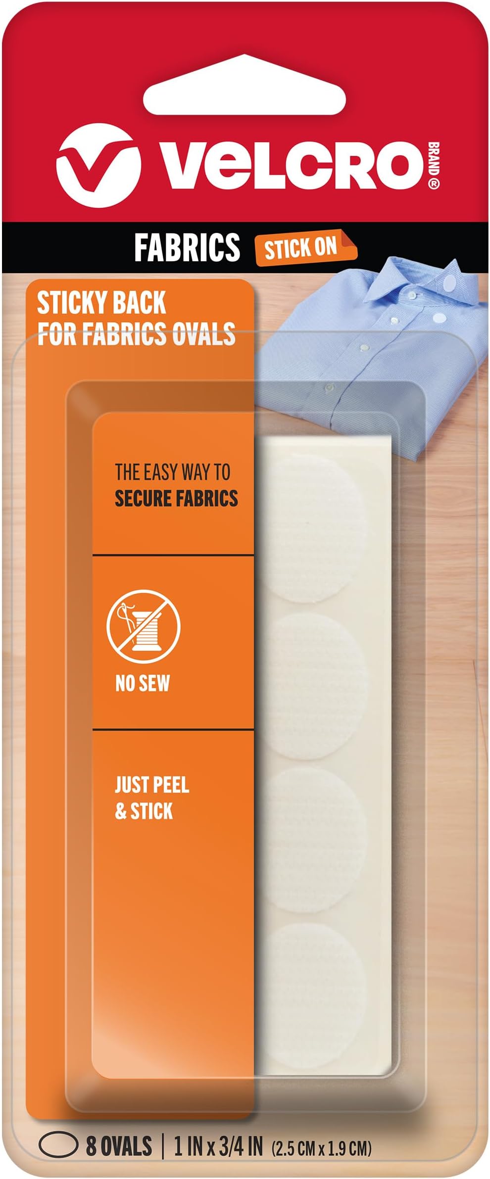 VELCRO Brand For Fabrics | Permanent Sticky Back Fabric Tape for Alterations and Hemming | Peel and Stick - No Sewing, Gluing, or Ironing | Pre-Cut Ovals, 1 x 3/4 inch, White - 8 Sets