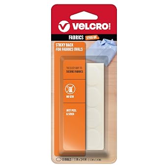 VELCRO Brand For Fabrics | Permanent Sticky Back Fabric Tape for Alterations and Hemming | Peel and Stick - No Sewing, Gluing, or Ironing | Pre-Cut Ovals, 1 x 3/4 inch, White - 8 Sets