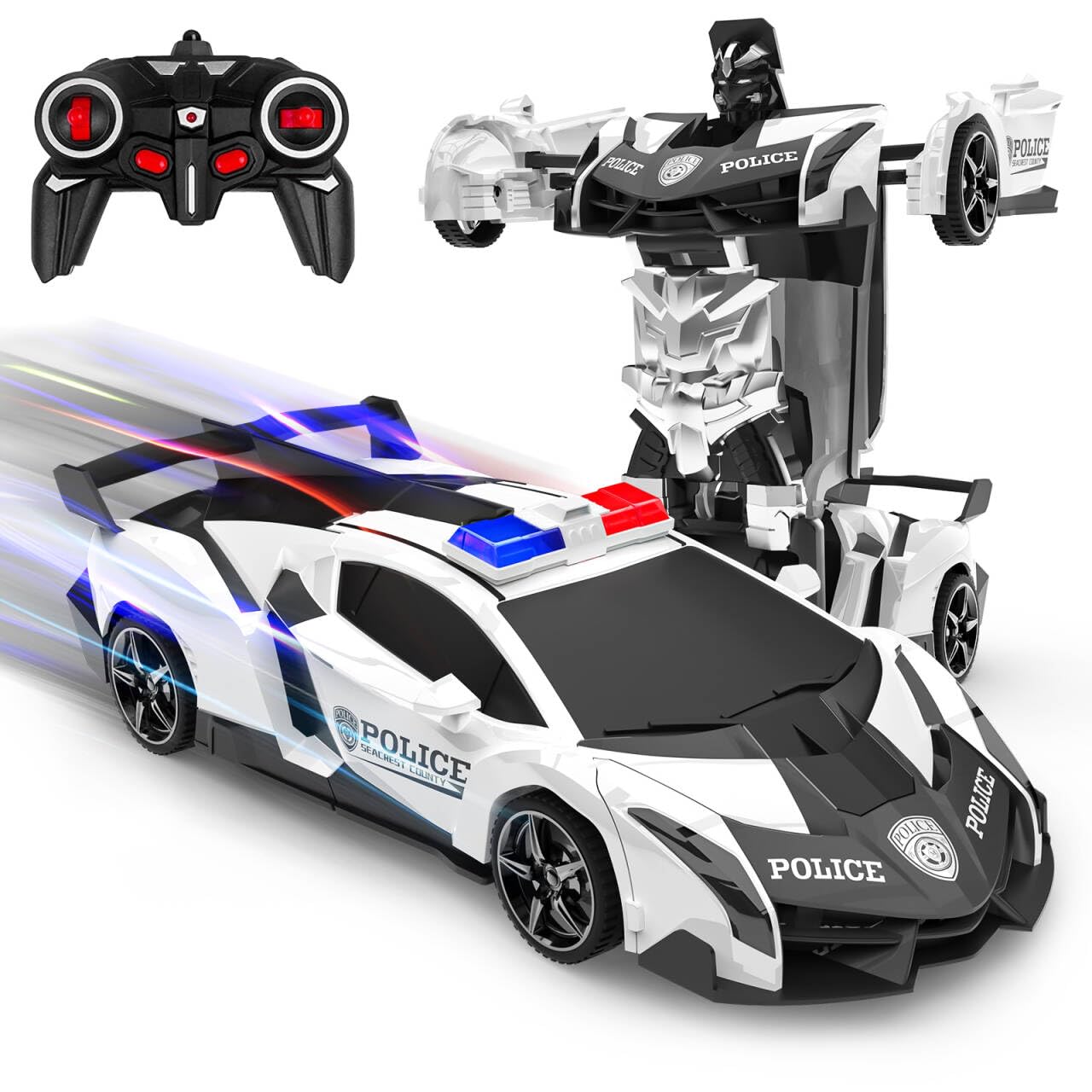 Macchina Telecomandata, 2 in 1 Macchina Radiocomandata Robot Giochi Bambini 3 4 5 6 7 8 9 10 anni, 2.4Ghz Trasformabile 360° Rotazione Polizia RC Auto Giocattolo All'aperto Regalo per Ragazzi Ragazze