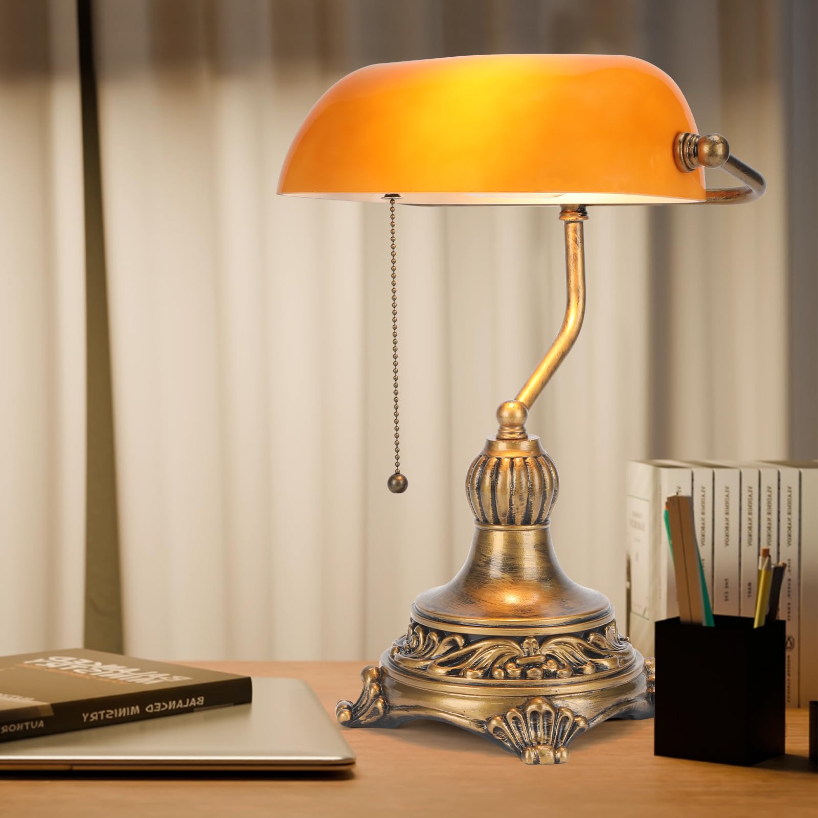 NISSAFORS Bankers Lamp with Pull Switch, Amber Glass Desk Lamp