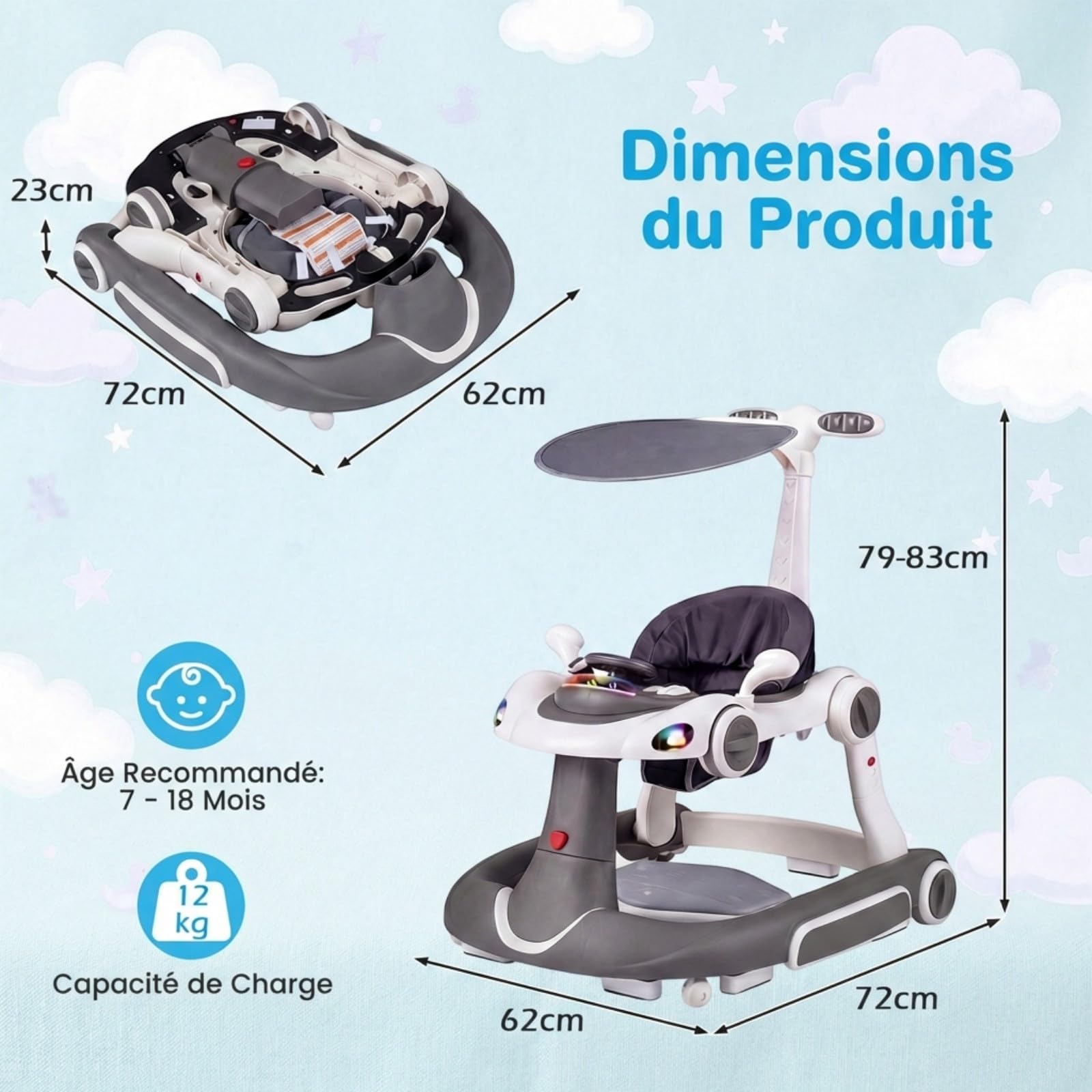 COSTWAY Trotteur Bébé Garçon Fille Pliable 7 en 1 avec Mode Bascule et Sautillant, Trotteur Marche Bébé Garçon Évolutif avec Hauteur Réglable, Musique et Lumière,Charge 12kg, 7-18 Mois (Gris) - 5