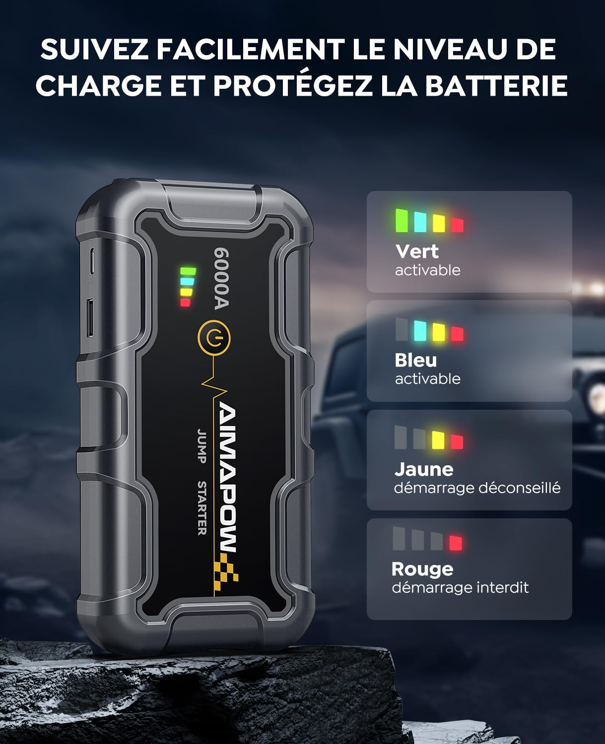 AIMAPOW Booster Batterie Voiture 6000A, Démarreur de Voiture 12V (Jusqu’à Tout Gas ou 10.0L Diesel), Booster de Batterie, Jump Starter Portable avec Pinces de Sûreté Intelligentes, Lampe LED (A20)