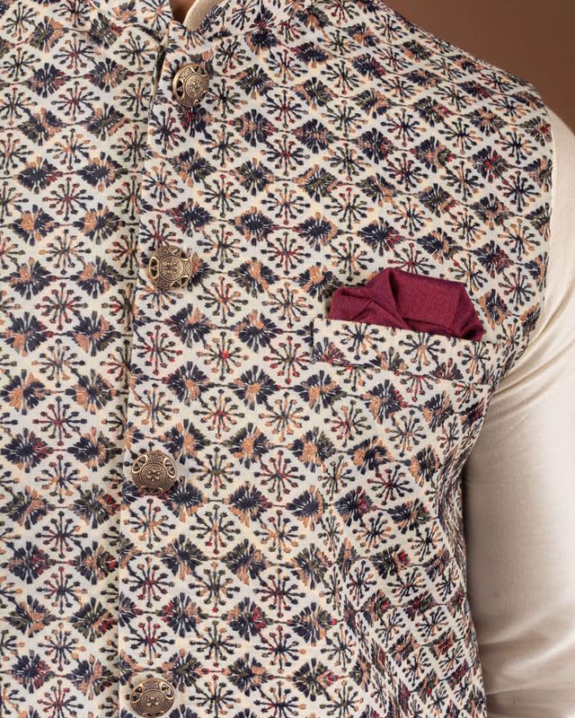 Image of KISAH Men Printed Kurta Jacket Set, Full Sleaves, Knee Length, Straight, Regular Fit, Mandarin Collar Ethnic Wear