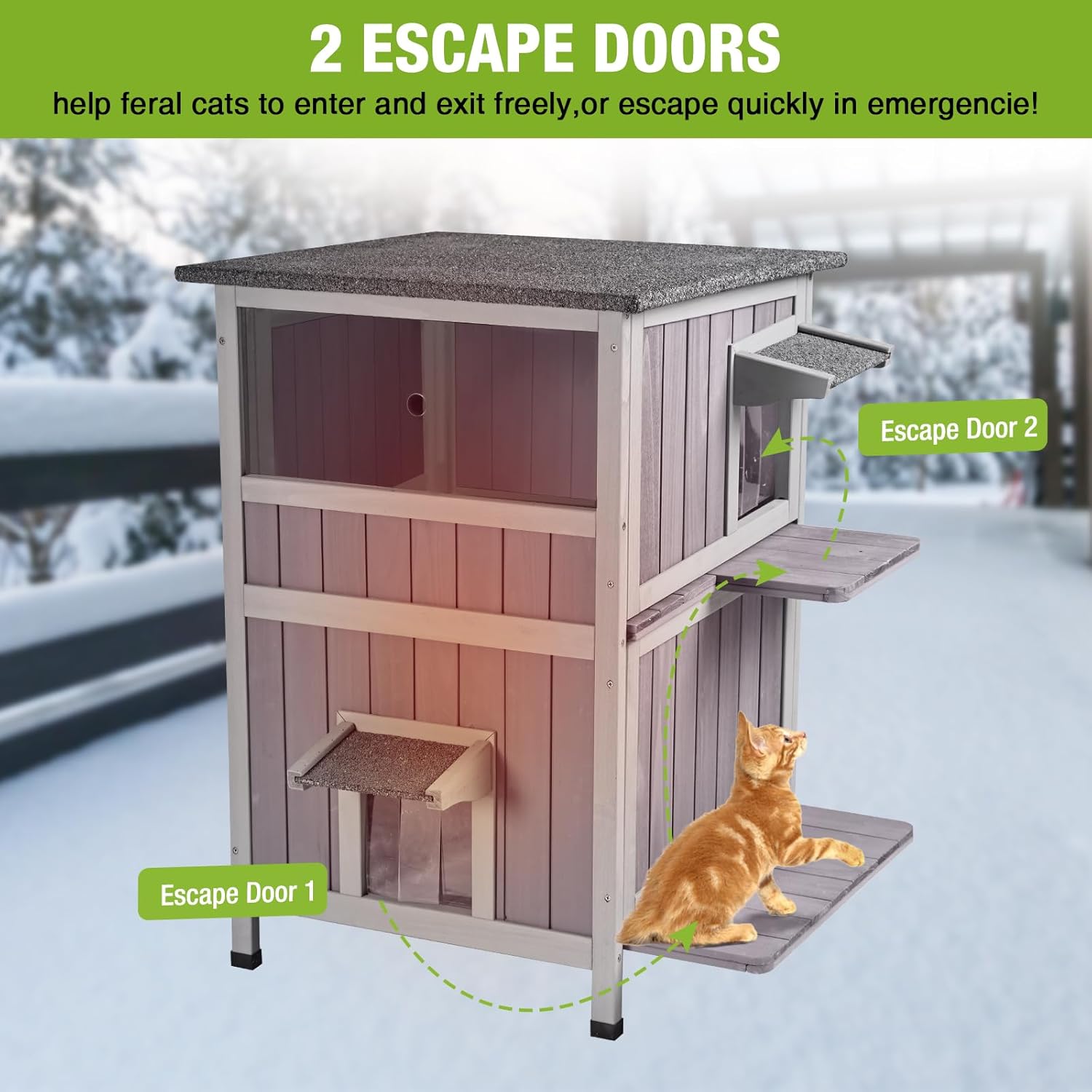 Heated Outdoor Cat House with Insulated Liner 2-Story Feral Cat Shelter with Heater Weatherproof Wooden Kitty Shelter with Window