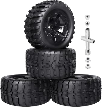 Preglued 1/10 RC Truck Wheels Tires Set 2.8" Tires 12mm Hex Compatible with Traxxas Stampede Rustler 44 2WD Redcat Blackout Volcano Brushless Lipo Power 2S-4S